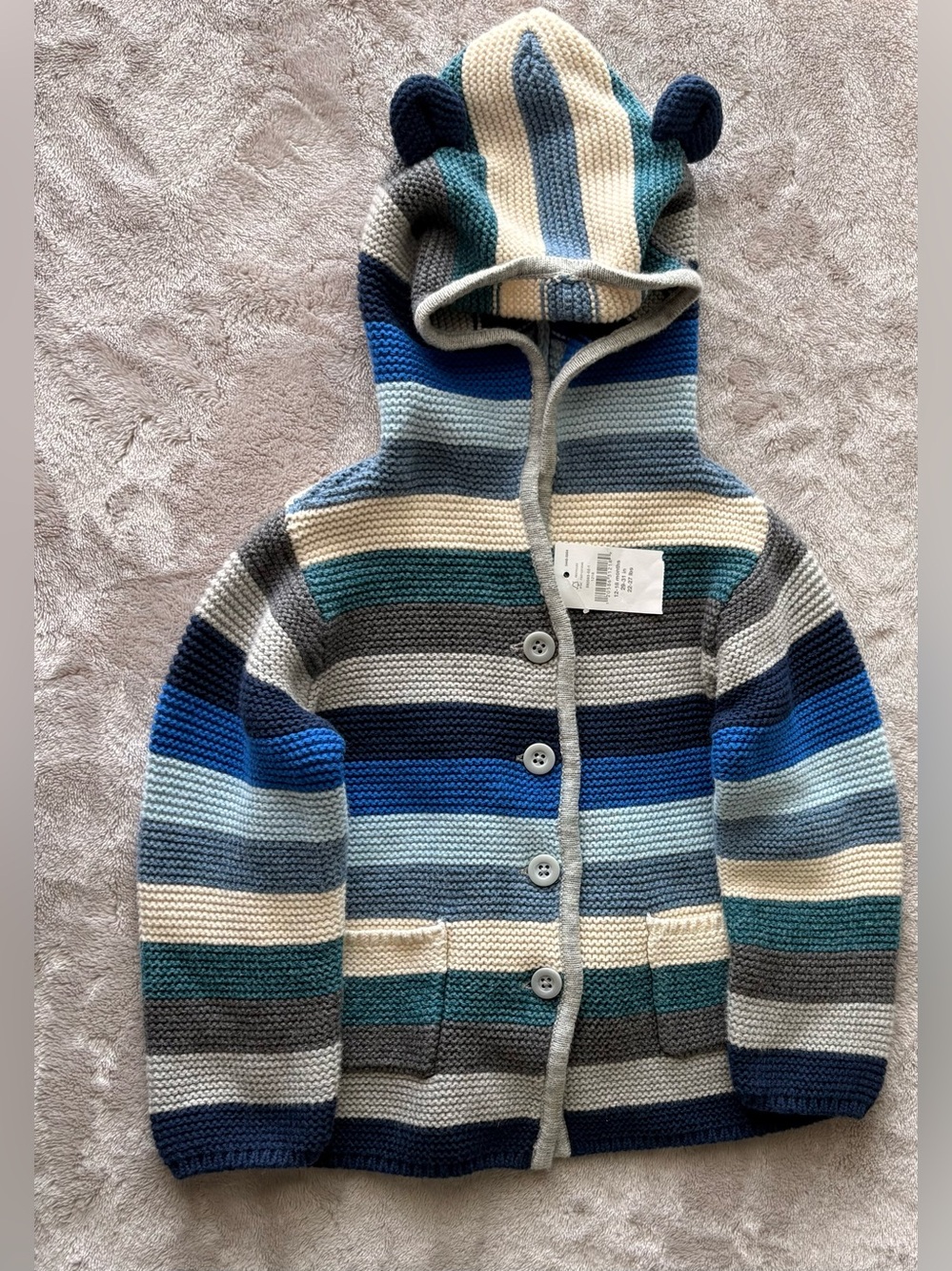 GAP Striped Hooded Knit Cardigan in Blue, Gray & Cream